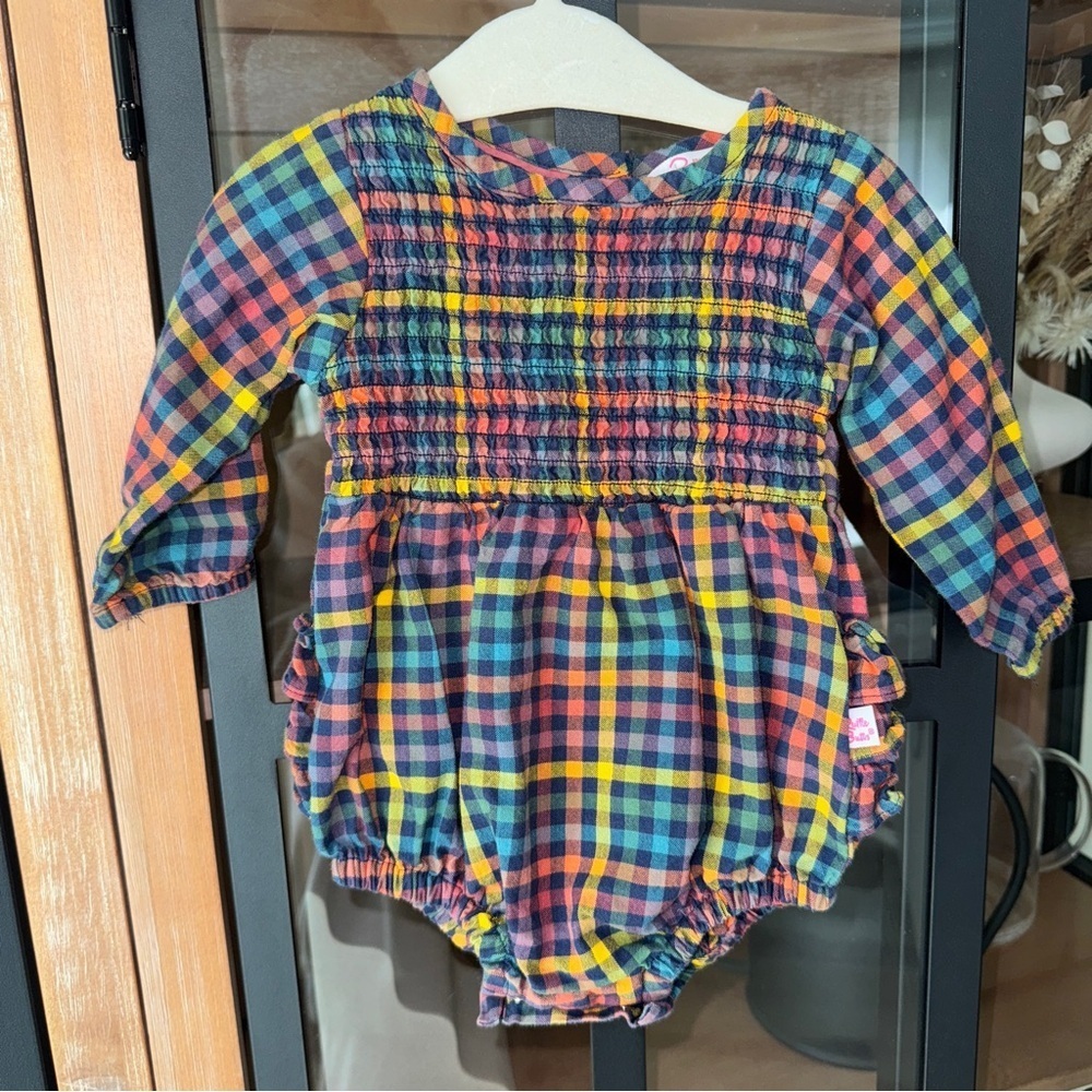 Rufflebutts gingham bubble romper long sleeve baby girl smocked harvest rainbow